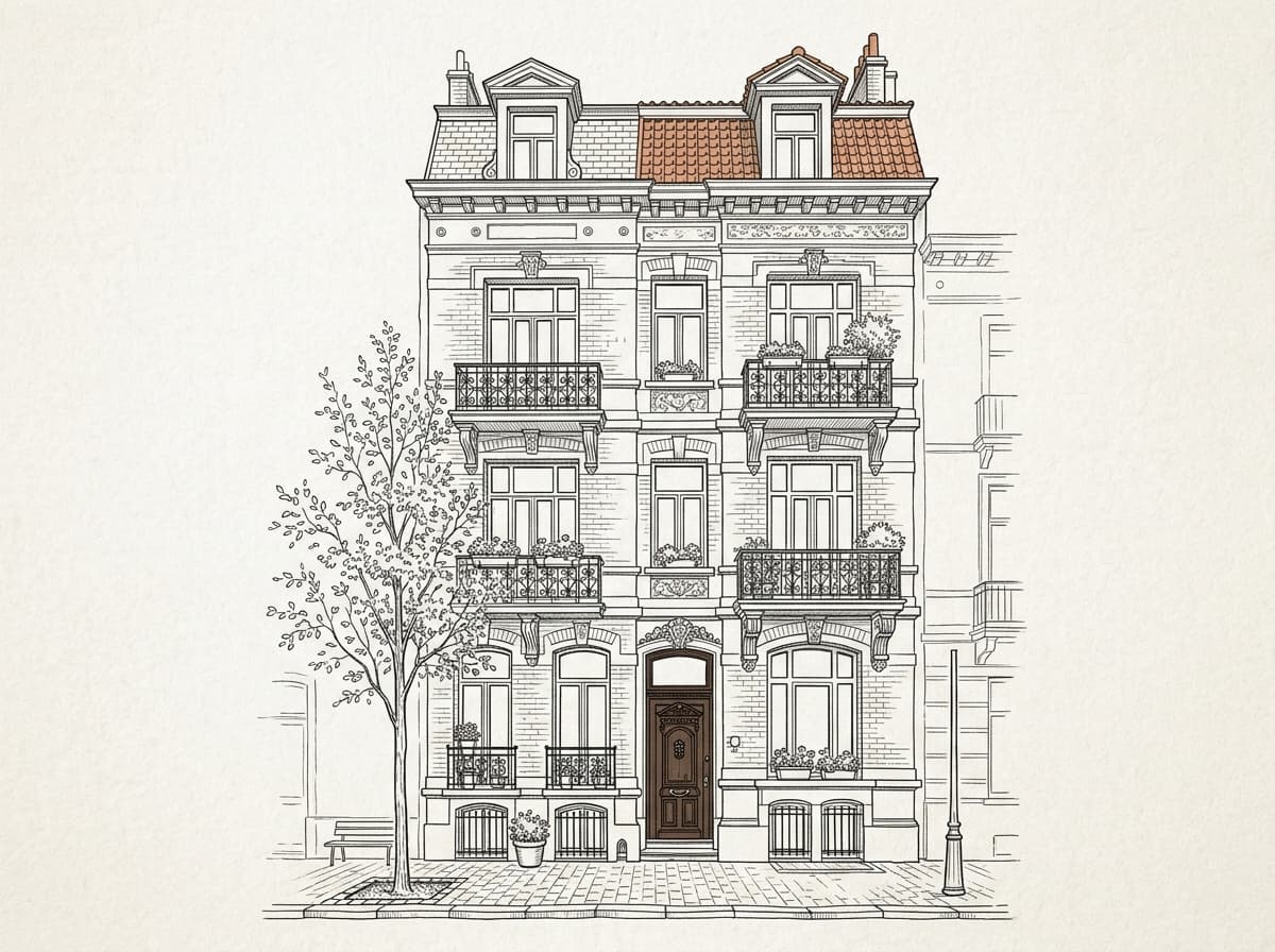 Illustration au trait : façade d'un immeuble à appartements belge